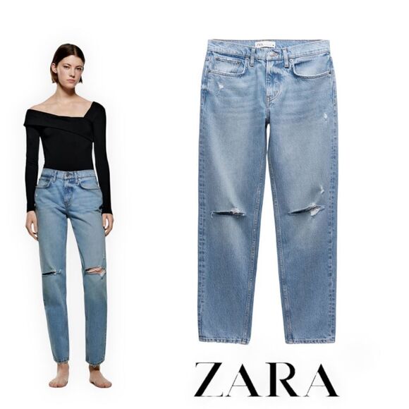 ZARA | Blue | ZW THE DISTRESSED CIGARETTE RELAXED JEANS - Picture 1 of 11
